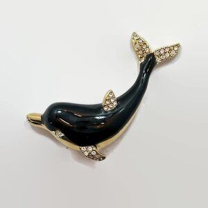 Whale Brooch, Dolphin, KJL, Designer, Black, Gold, Enamel, Rhinestone